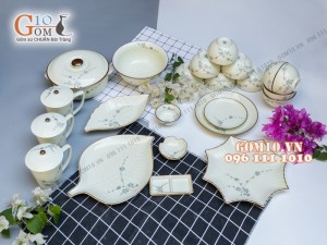 Bộ đồ ăn men kem vẽ hoa Đào Xanh 003