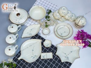 Bộ đồ ăn men kem vẽ hoa Đào Xanh 003