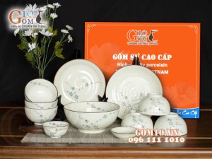 Bộ đồ ăn men kem vẽ hoa Đào xanh, 11 chi tiết