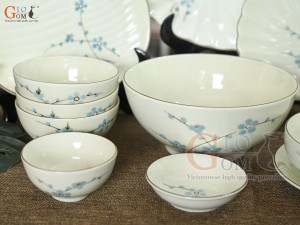 Bộ đồ ăn men kem vẽ hoa Đào xanh, 15 chi tiết