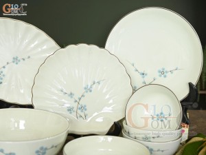 Bộ đồ ăn men kem vẽ hoa Đào xanh, 15 chi tiết