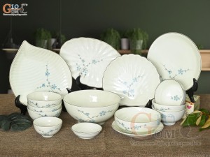 Bộ đồ ăn men kem vẽ hoa Đào xanh, 15 chi tiết