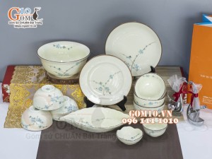 Bộ đồ ăn men kem vẽ hoa Đào Xanh chỉ nâu, 12 chi tiết