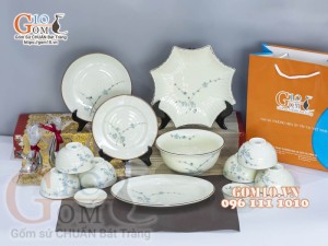 Bộ đồ ăn men kem vẽ hoa Đào Xanh chỉ nâu, 13 chi tiết