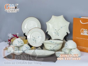 Bộ đồ ăn men kem vẽ hoa Đào Xanh chỉ nâu, 13 chi tiết