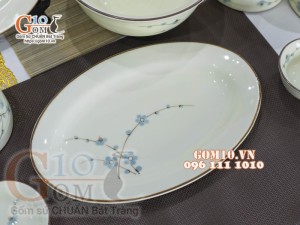 Bộ đồ ăn men kem vẽ hoa Đào Xanh chỉ nâu, 13 chi tiết