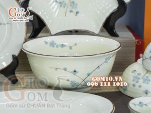 Bộ đồ ăn men kem vẽ hoa Đào Xanh chỉ nâu, 13 chi tiết