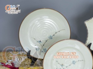 Bộ đồ ăn men kem vẽ hoa Đào Xanh chỉ nâu, 13 chi tiết