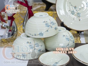 Bộ đồ ăn men kem vẽ hoa Đào Xanh chỉ nâu, 13 chi tiết