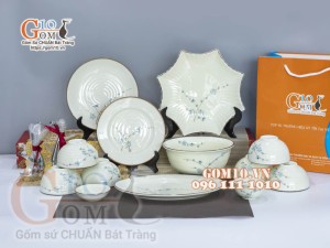 Bộ đồ ăn men kem vẽ hoa Đào Xanh chỉ nâu, 13 chi tiết