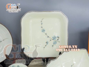 Bộ đồ ăn men kem vẽ hoa Đào Xanh chỉ nâu, 21 chi tiết