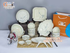 Bộ đồ ăn men kem vẽ hoa Đào Xanh chỉ nâu, 21 chi tiết