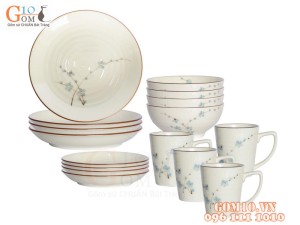 Bộ đồ ăn men kem vẽ hoa Đào xanh