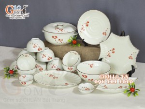 Bộ đồ ăn men kem vẽ hoa Hải Đường, 18 chi tiết