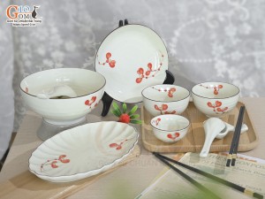 Bộ đồ ăn men kem vẽ hoa Hải Đường, 9 chi tiết