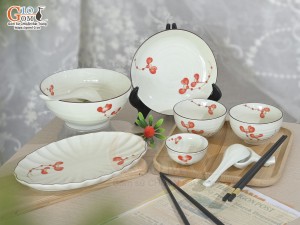 Bộ đồ ăn men kem vẽ hoa Hải Đường, 9 chi tiết