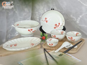 Bộ đồ ăn men kem vẽ hoa Hải Đường, 9 chi tiết