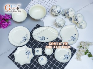 Bộ đồ ăn men kem vẽ hoa Sen đen