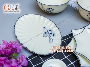 Bộ đồ ăn men kem vẽ hoa Sen đen