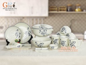 Bộ đồ ăn men kem vẽ hoa Sen đen, 22 chi tiết