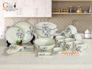 Bộ đồ ăn men kem vẽ hoa Sen đen, 22 chi tiết