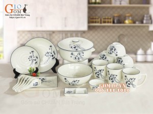 Bộ đồ ăn men kem vẽ hoa Sen đen, 22 chi tiết