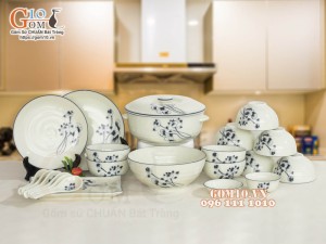 Bộ đồ ăn men kem vẽ hoa Sen đen, 23 chi tiết