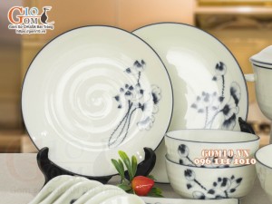 Bộ đồ ăn men kem vẽ hoa Sen đen, 23 chi tiết