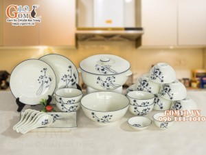 Bộ đồ ăn men kem vẽ hoa Sen đen, 23 chi tiết