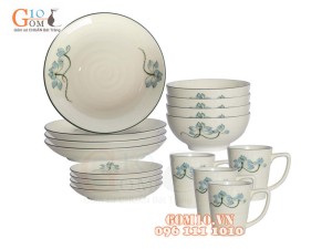 Bộ đồ ăn men kem vẽ hoa Sen xanh