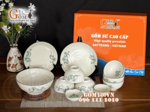 Bộ đồ ăn men kem vẽ hoa Sen xanh, 11 chi tiết