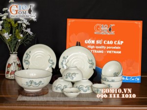 Bộ đồ ăn men kem vẽ hoa Sen xanh, 11 chi tiết