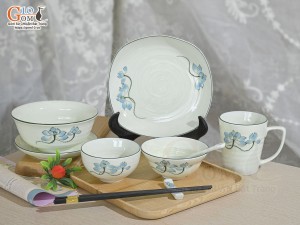 Bộ đồ ăn men kem vẽ hoa Sen xanh, 8 chi tiết