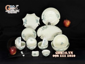 Bộ đồ ăn men kem vẽ hoa Sen Xanh, chỉ xanh - 15 chi tiết