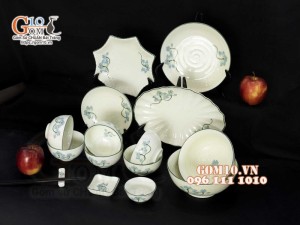 Bộ đồ ăn men kem vẽ hoa Sen Xanh, chỉ xanh - 15 chi tiết