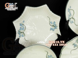 Bộ đồ ăn men kem vẽ hoa Sen Xanh, chỉ xanh - 15 chi tiết