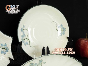 Bộ đồ ăn men kem vẽ hoa Sen Xanh, chỉ xanh - 15 chi tiết