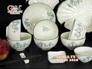 Bộ đồ ăn men kem vẽ hoa Sen Xanh, chỉ xanh - 15 chi tiết