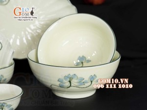 Bộ đồ ăn men kem vẽ hoa Sen Xanh, chỉ xanh - 15 chi tiết