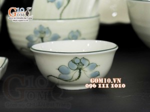Bộ đồ ăn men kem vẽ hoa Sen Xanh, chỉ xanh - 15 chi tiết