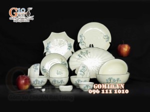 Bộ đồ ăn men kem vẽ hoa Sen Xanh, chỉ xanh - 15 chi tiết