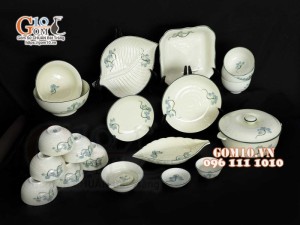 Bộ đồ ăn men kem vẽ hoa Sen Xanh, chỉ xanh - 22 chi tiết