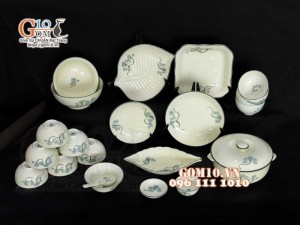 Bộ đồ ăn men kem vẽ hoa Sen Xanh, chỉ xanh - 22 chi tiết