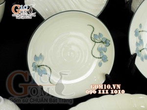 Bộ đồ ăn men kem vẽ hoa Sen Xanh, chỉ xanh - 22 chi tiết