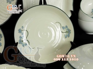 Bộ đồ ăn men kem vẽ hoa Sen Xanh, chỉ xanh - 22 chi tiết