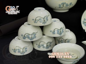 Bộ đồ ăn men kem vẽ hoa Sen Xanh, chỉ xanh - 22 chi tiết