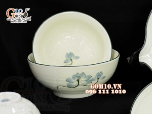 Bộ đồ ăn men kem vẽ hoa Sen Xanh, chỉ xanh - 22 chi tiết