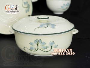 Bộ đồ ăn men kem vẽ hoa Sen Xanh, chỉ xanh - 22 chi tiết