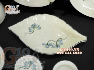 Bộ đồ ăn men kem vẽ hoa Sen Xanh, chỉ xanh - 22 chi tiết