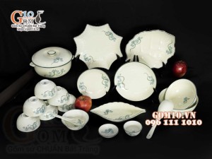 Bộ đồ ăn men kem vẽ hoa Sen Xanh, chỉ xanh - 19 chi tiết